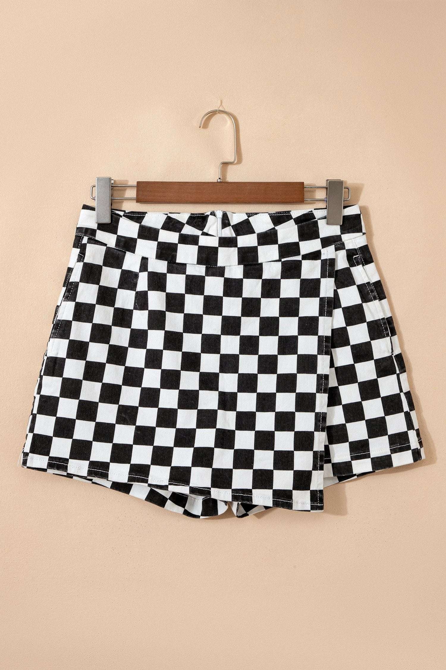 black checkered print overlap denim shorts for women casual everyday outfit
