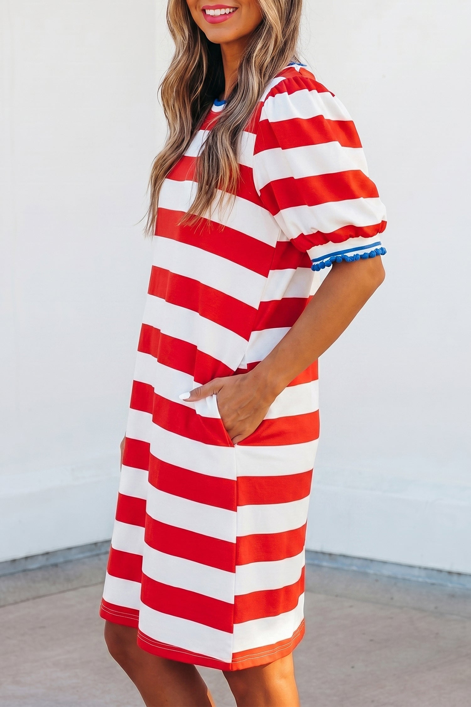 Coastal Confidence | Striped Round Neck Puff Sleeve Mini Dress With Contrast Trim