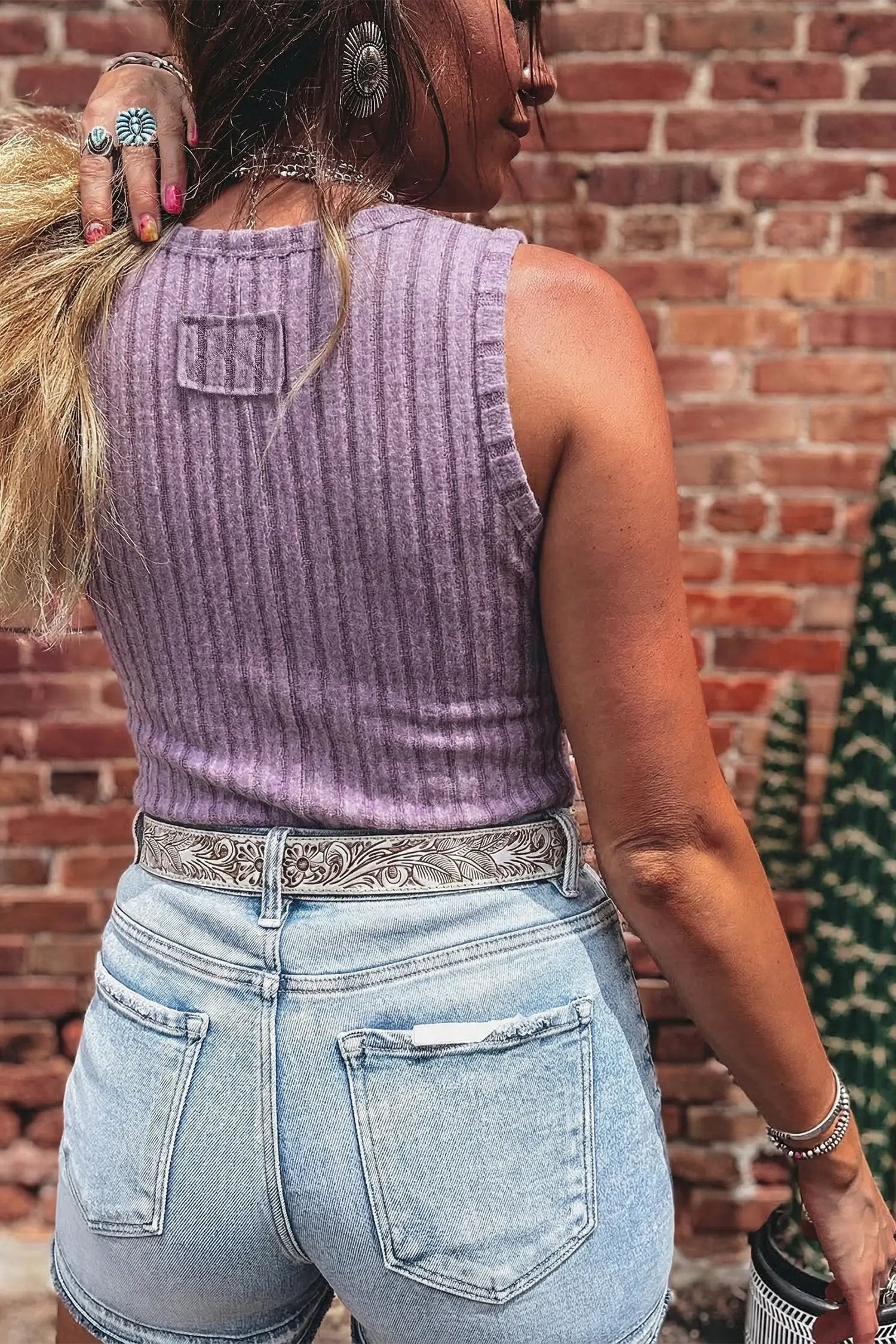 Purple slim ribbed mineral wash tank top with curve-skimming silhouette, perfect for casual chic look