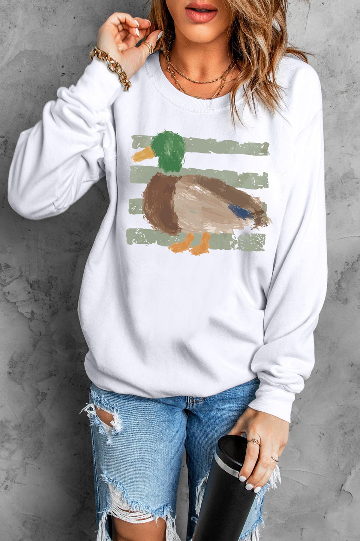 Western Duck Graphic Casual Pullover Sweatshirt