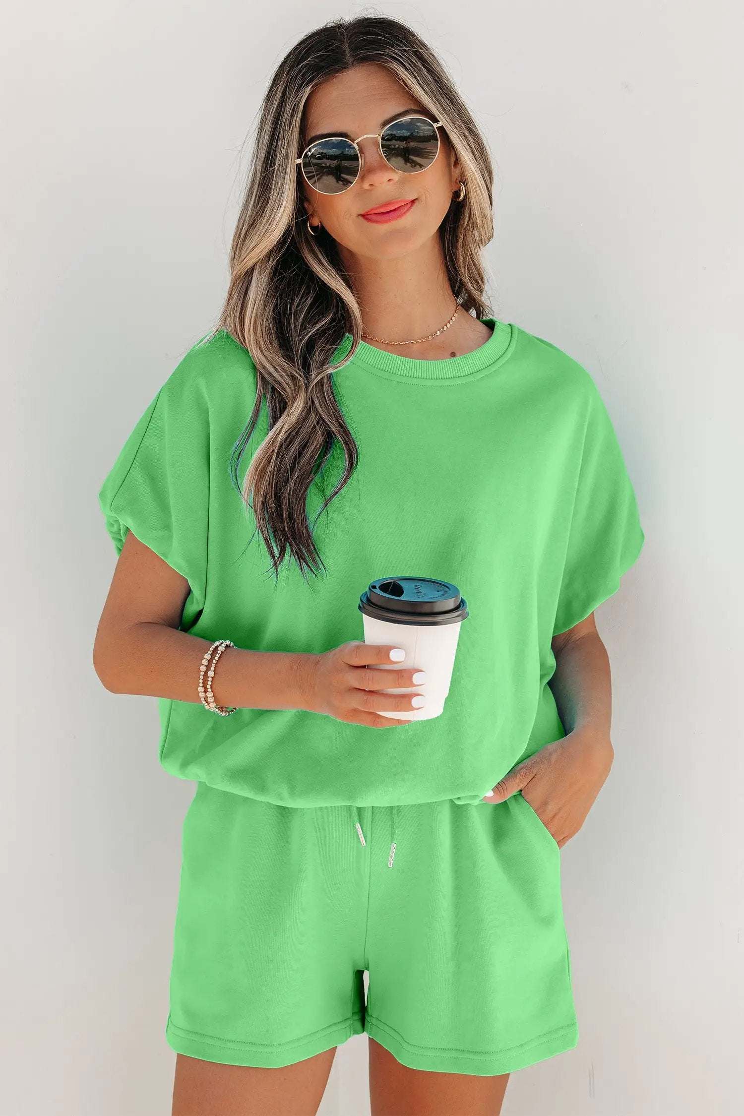 J&H Apparel Green Solid Color Puffy Loose Top Drawstring Shorts 2pcs Outfit - Outfit Sets Two Piece Sets/Short Sets