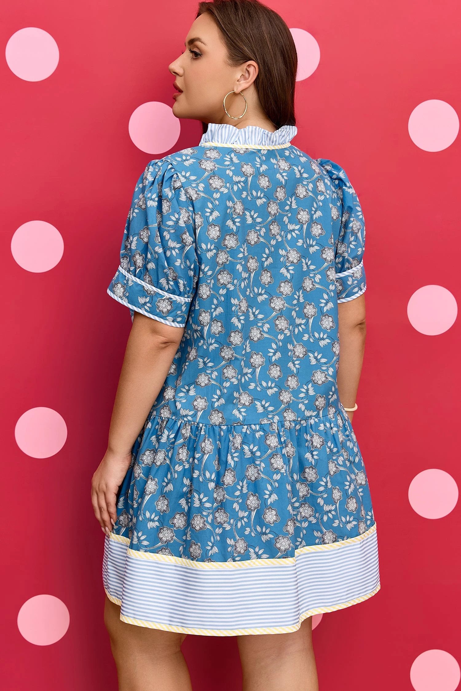 Dear-Lover Dropshipping Blue Plus Size Floral Print Striped Patchwork Detail Button Front Ruffle Hem Dress - Plus Size/Plus Size Dresses/Plus Size Mini Dresses