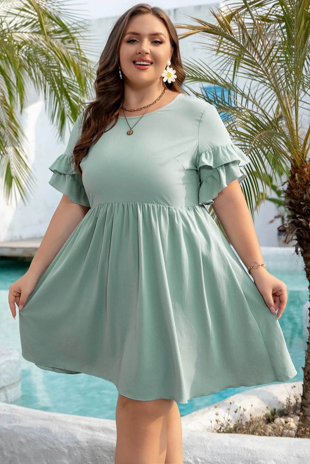 Plus size Effortless Glow mint green ruffle trim short sleeve flared mini dress