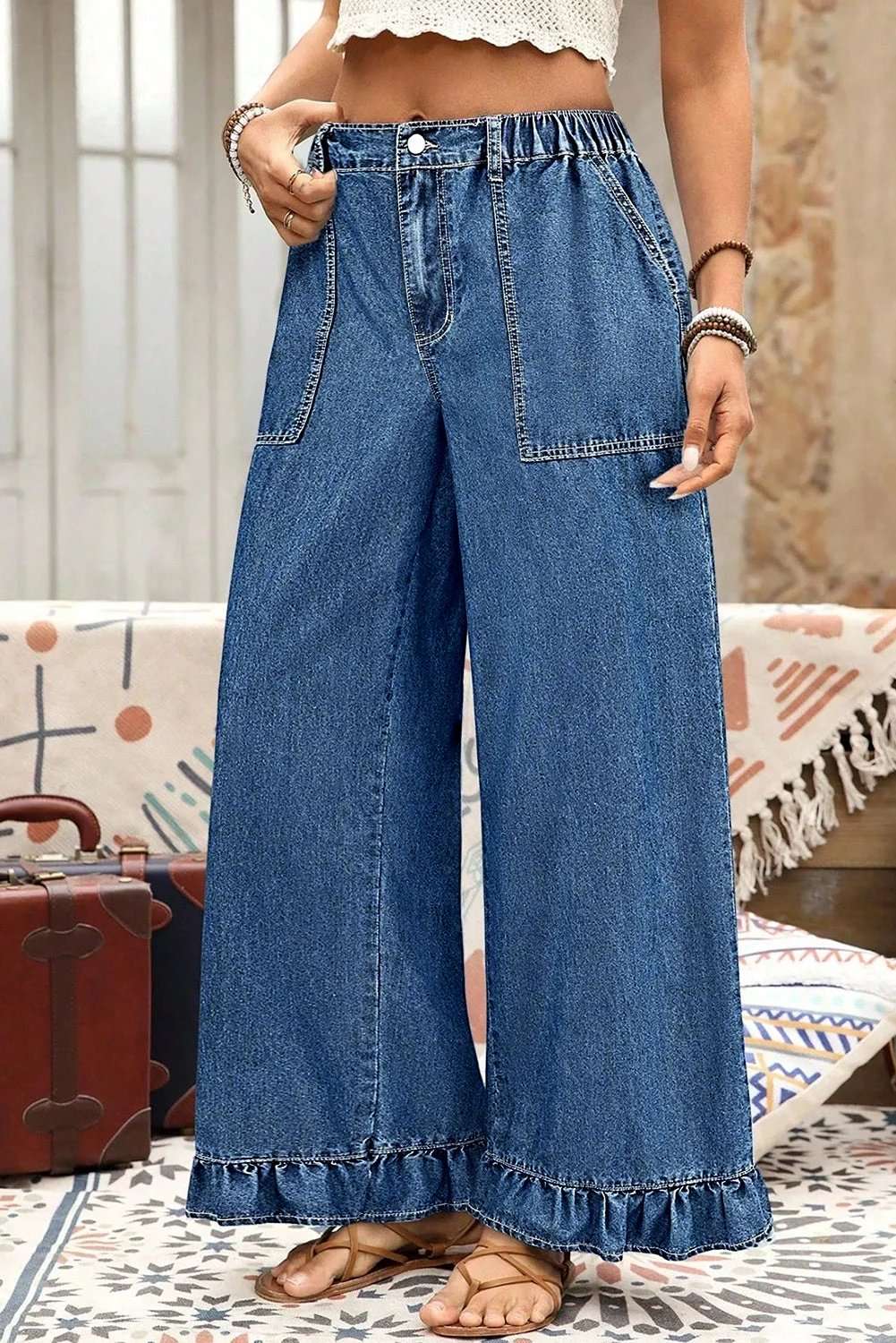 Plus Size Wide Leg Denim Pants with elastic waist and ruffled detail