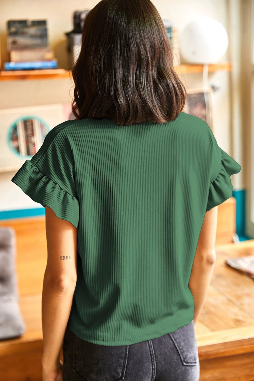 blackish green solid color ribbed ruffled short sleeve t shirt for women casual everyday outfit