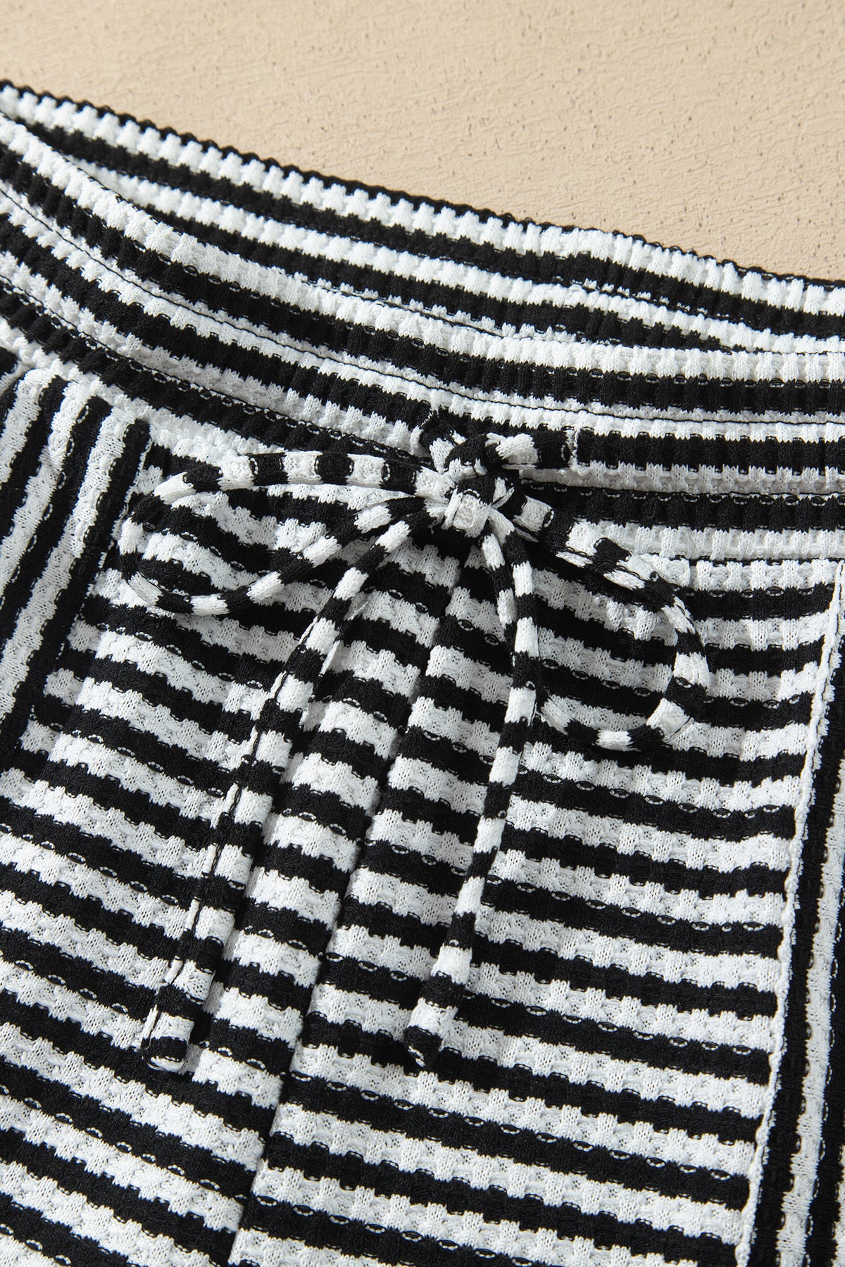 Brown Stripe Textured Knit Long Sleeve Top Elastic Waist Shorts Casual Outfit