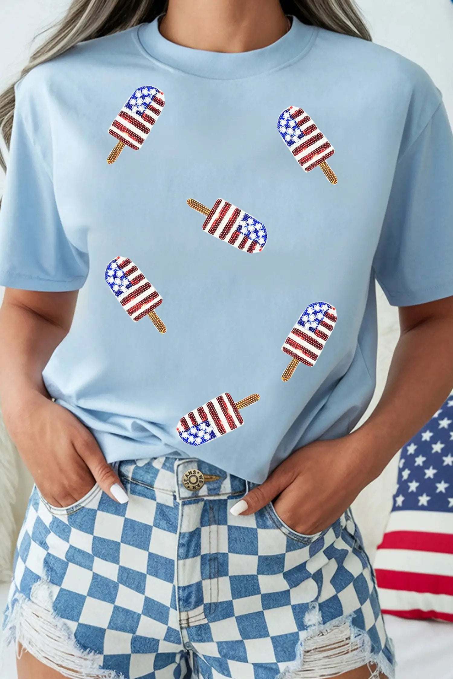 Light blue Patriotic Vibes tee with sequin popsicle graphic for summer style
