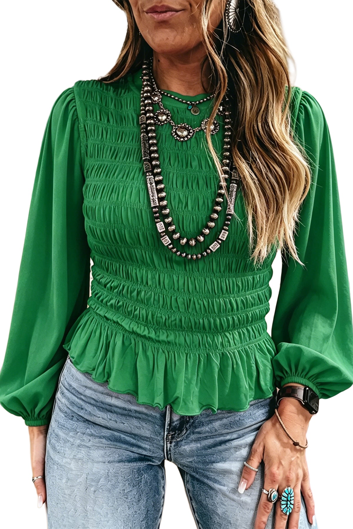 Solid Color Smocked Ruffle Hem Long Sleeve Blouse