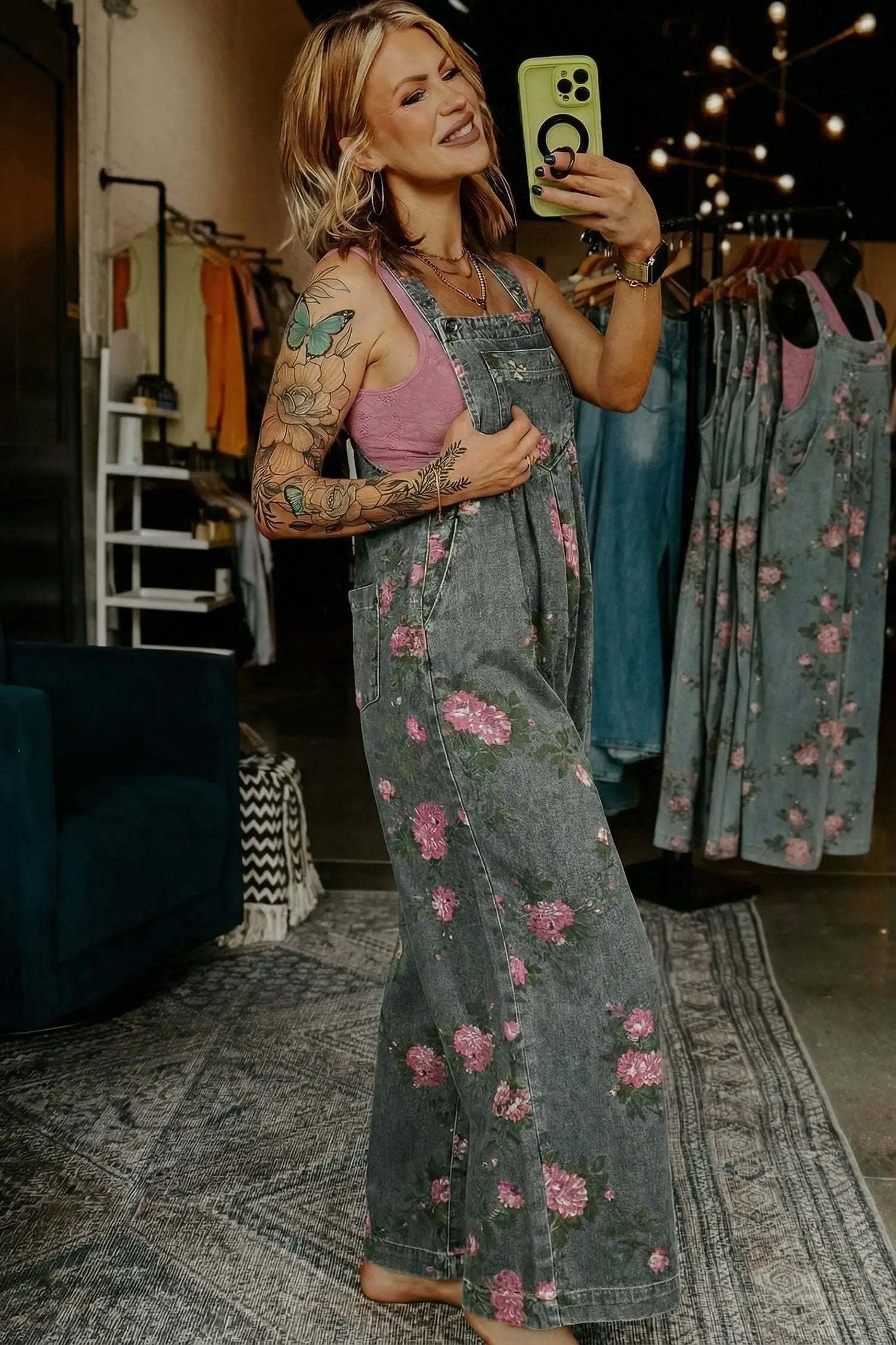 Floral Denim Jumpsuit with pleated high-waist and wide-leg silhouette
