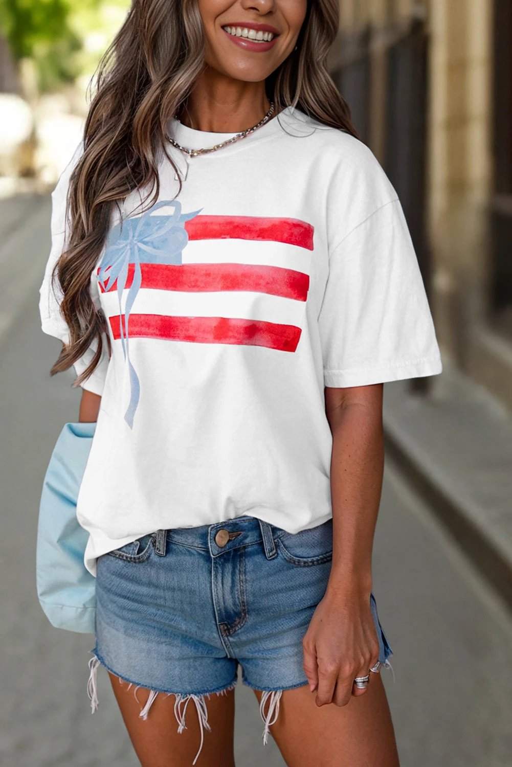 white flag bow graphic crewneck tee for women casual everyday outfit