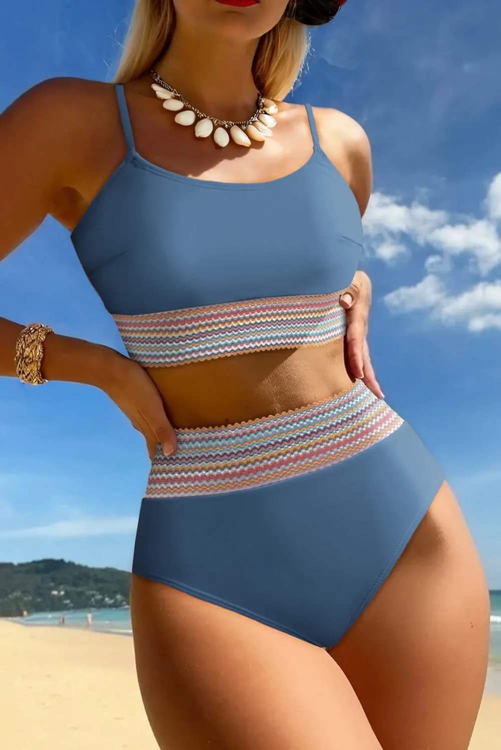 High waist two piece bikini set in blue with colorful stitch border and bralette top