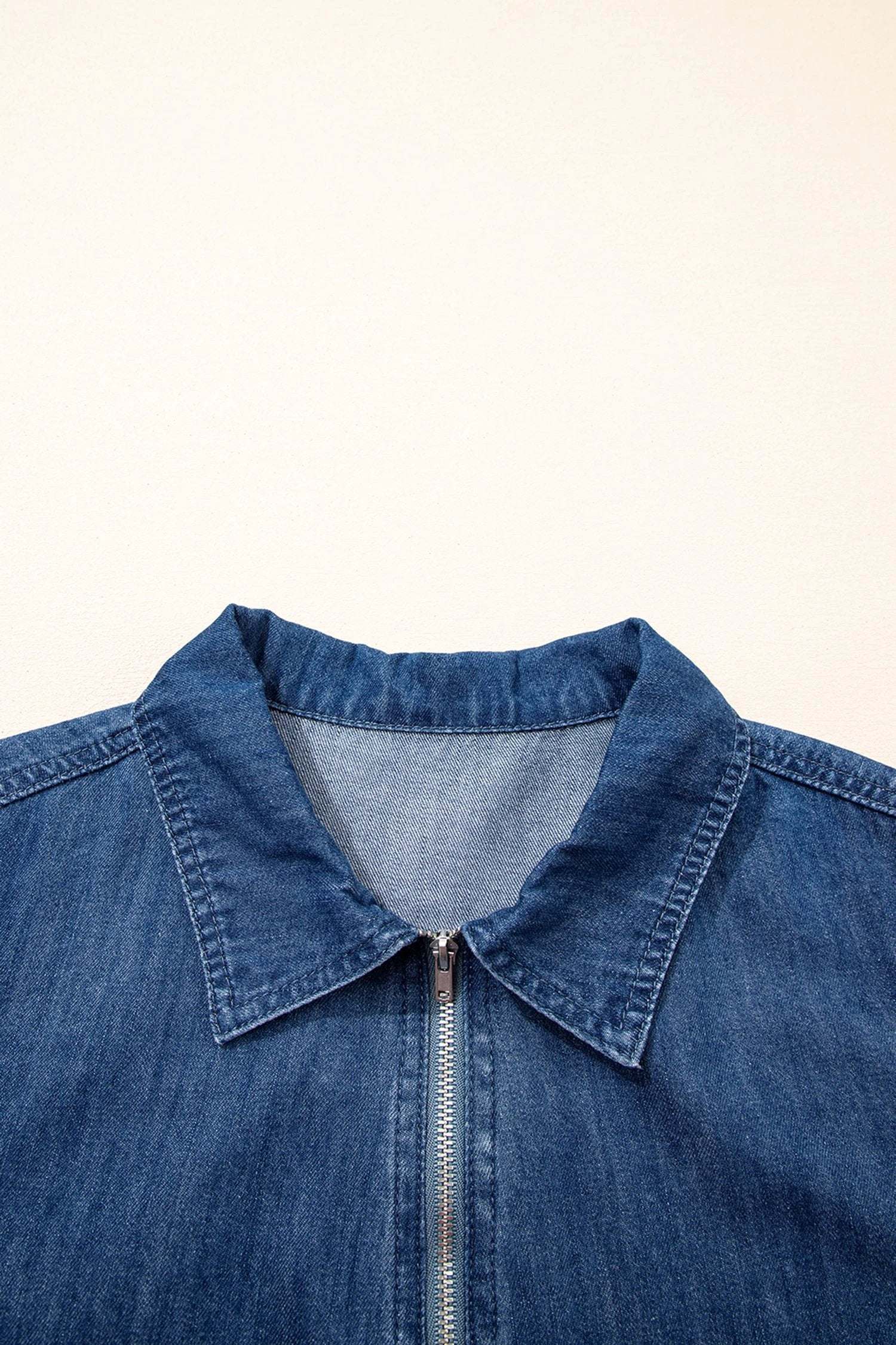Mom Chic denim zip-front collared mini dress with short sleeves and A-line fit