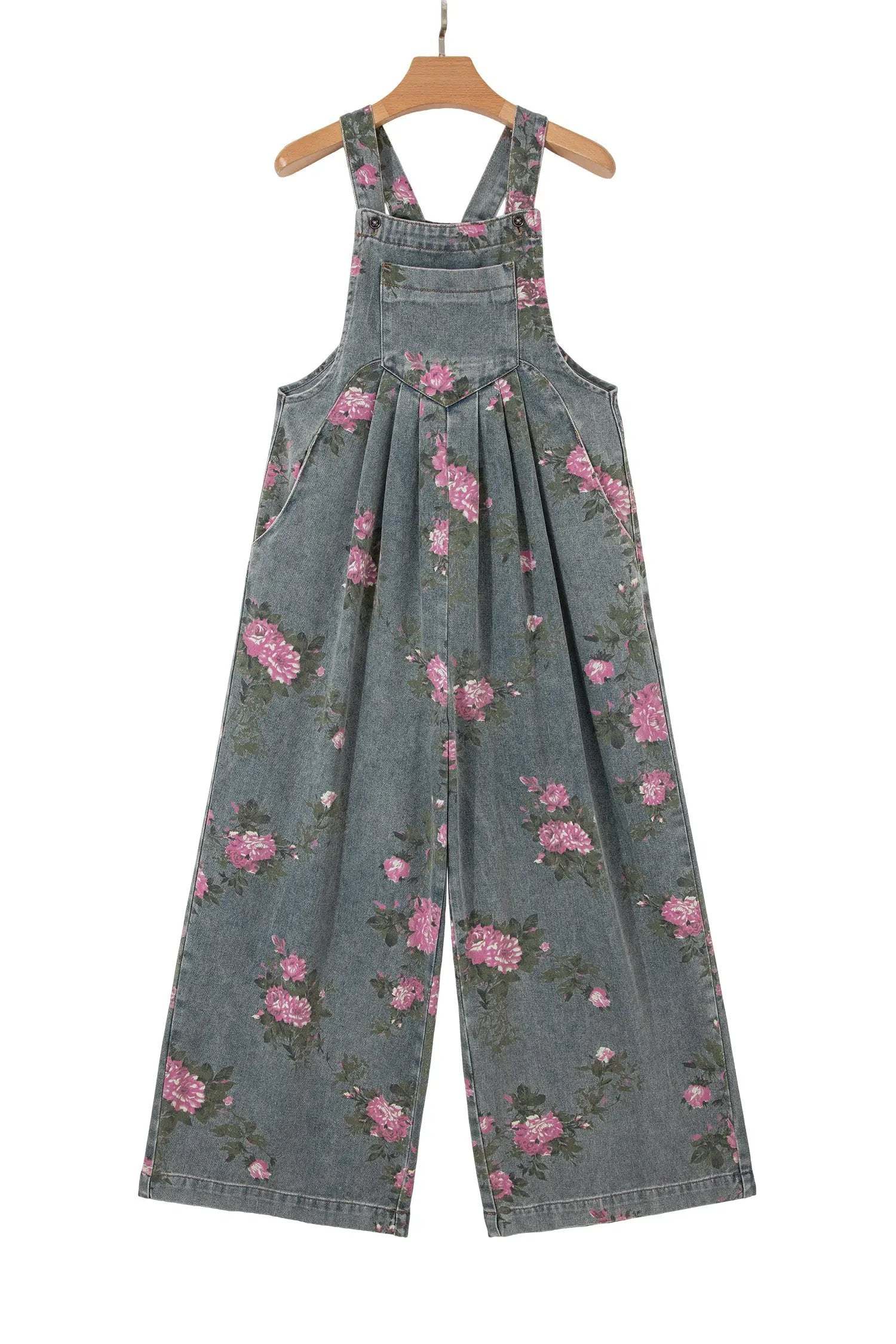 Floral Denim Jumpsuit with pleated high-waist and wide-leg silhouette
