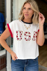 Star-Spangled Shine USA sequin color-block trim loose T-shirt with relaxed fit and patriotic design