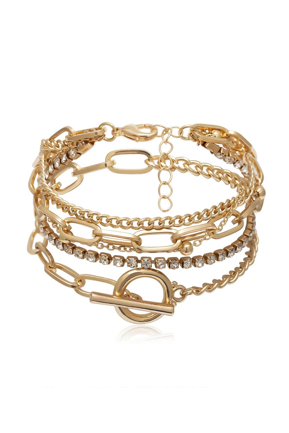 gold multi layered rhinestone plated chain bracelet set for women casual everyday outfit
