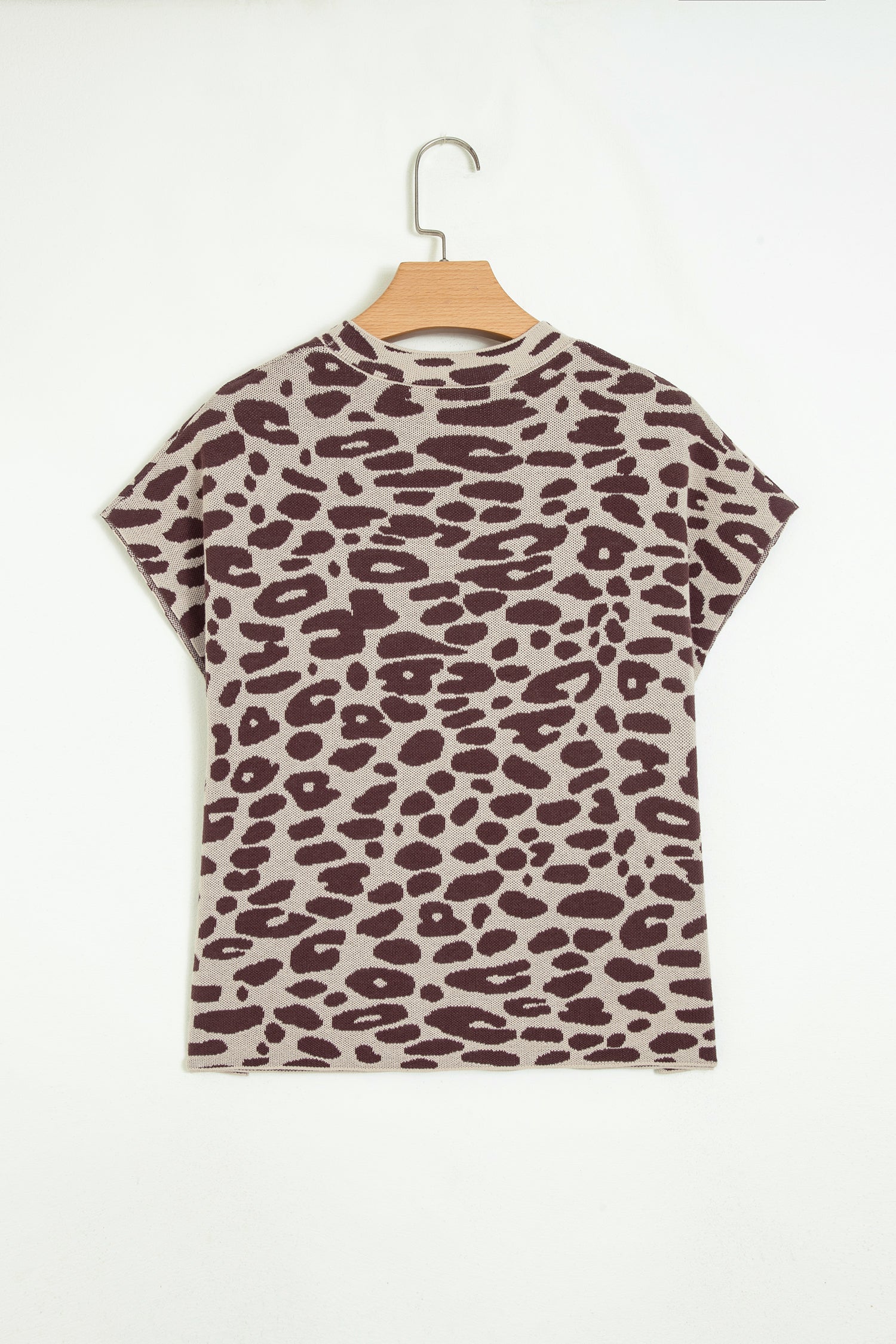 Khaki Leopard Print Short Sleeve Knit Loose Pullover Sweater