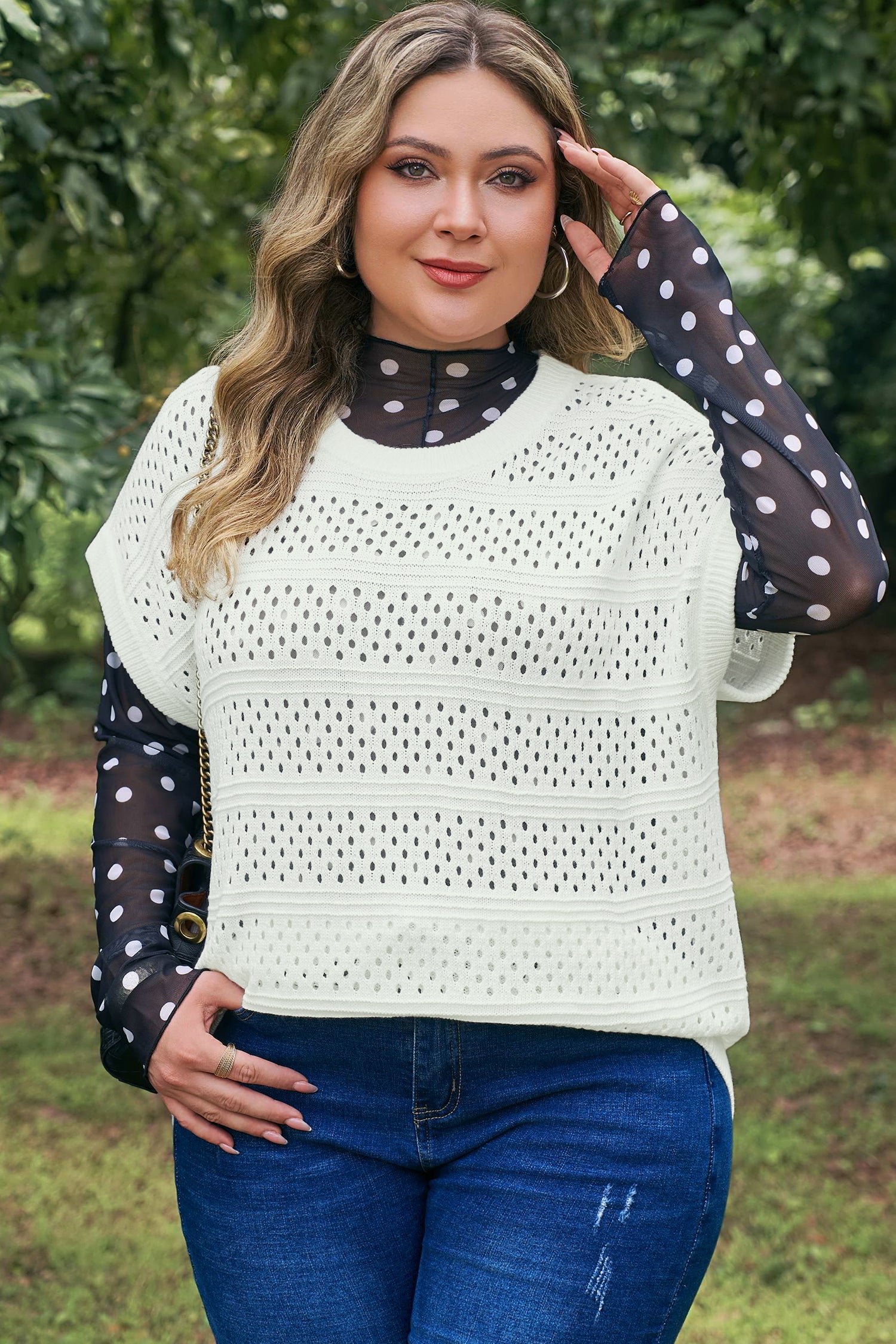 Plus Size Eyelet Hollow Out Knit Ribbed Trim Short Sleeve Dolman Sweater — women's everyday bottoms | J&H Apparel