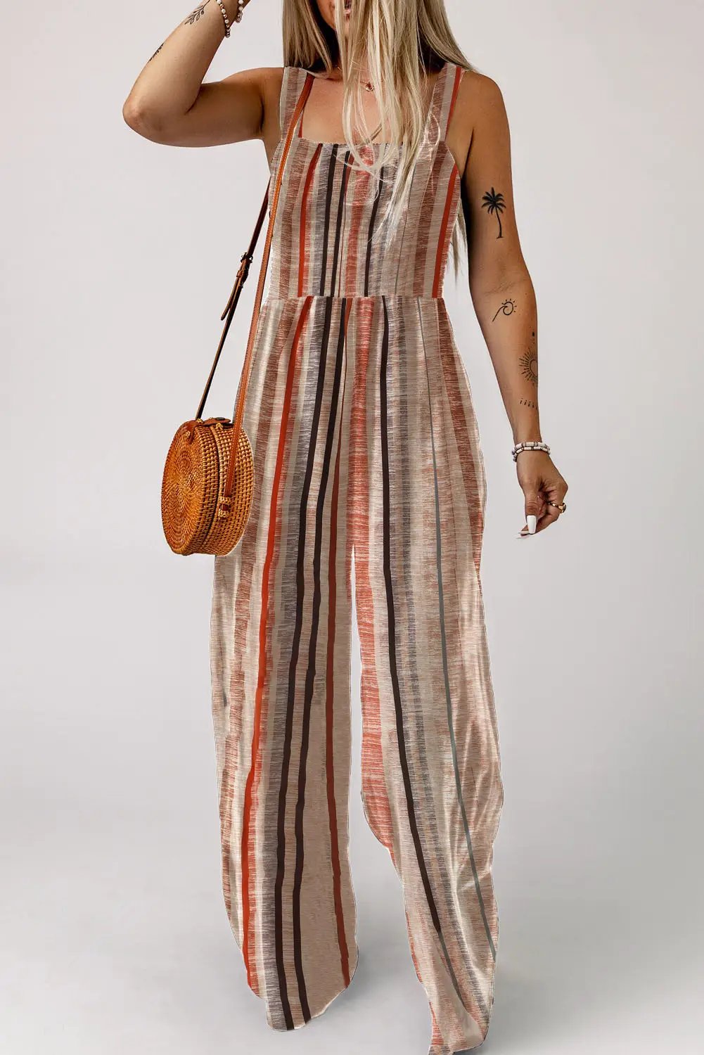yellow stripe square neck sleeveless smocked bodice wide leg jumpsuit for women casual everyday outfit