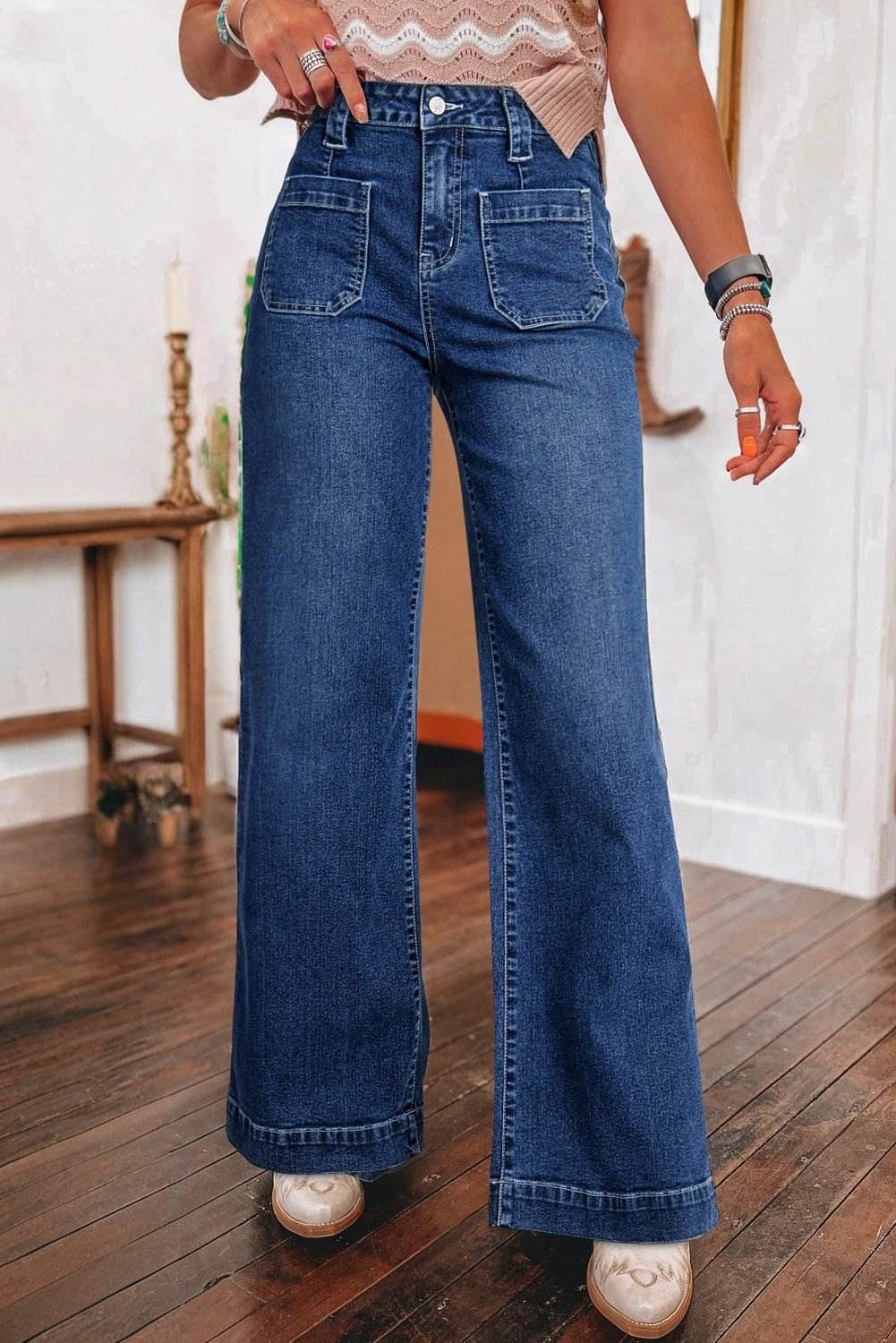 sail blue wide leg pocketed high waist jeans for women casual everyday outfit