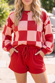 Checkerboard Plaid Long Sleeve Solid Color Shorts Two-Piece Set — women's everyday bottoms | J&H Apparel