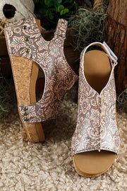 Boho Western Charm vintage floral leather rivet hollowed platform sandals in warm brown with cork sole and adjustable ankle strap