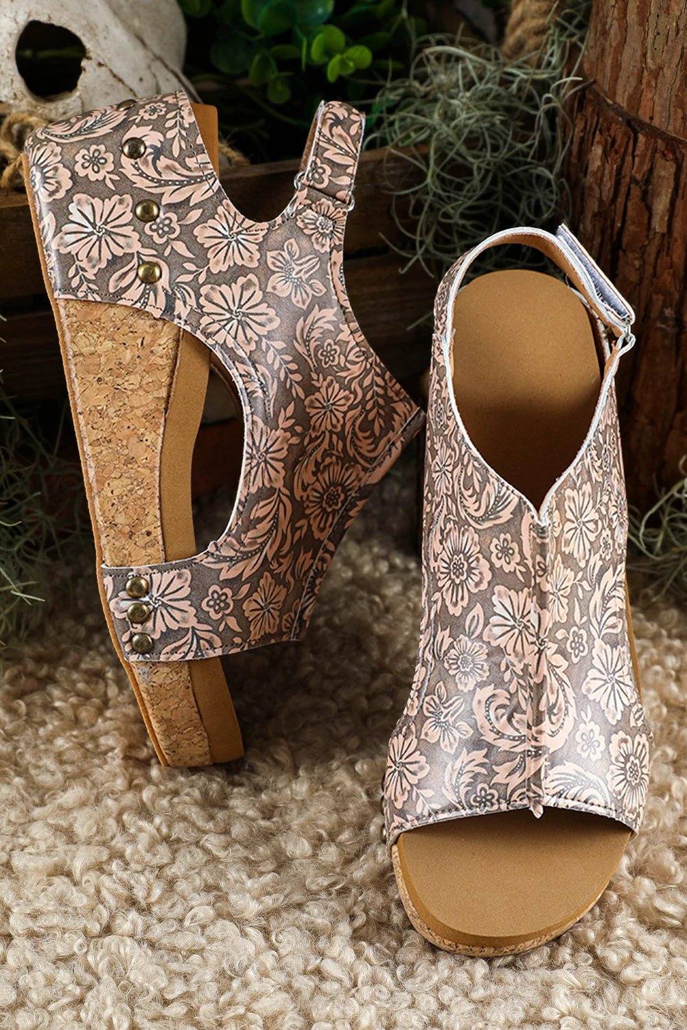 Boho Western Charm vintage floral leather rivet hollowed platform sandals in warm brown with cork sole and adjustable ankle strap