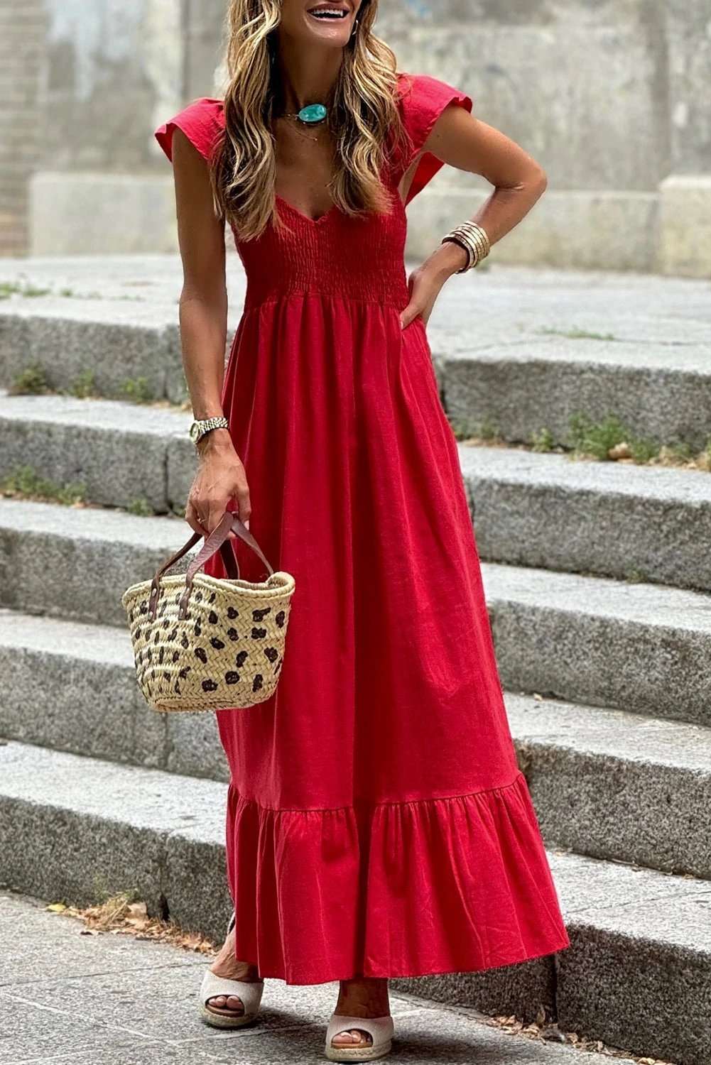 High Waist Maxi Dress with V-neck flutter sleeves smocked bodice and ruffle hem