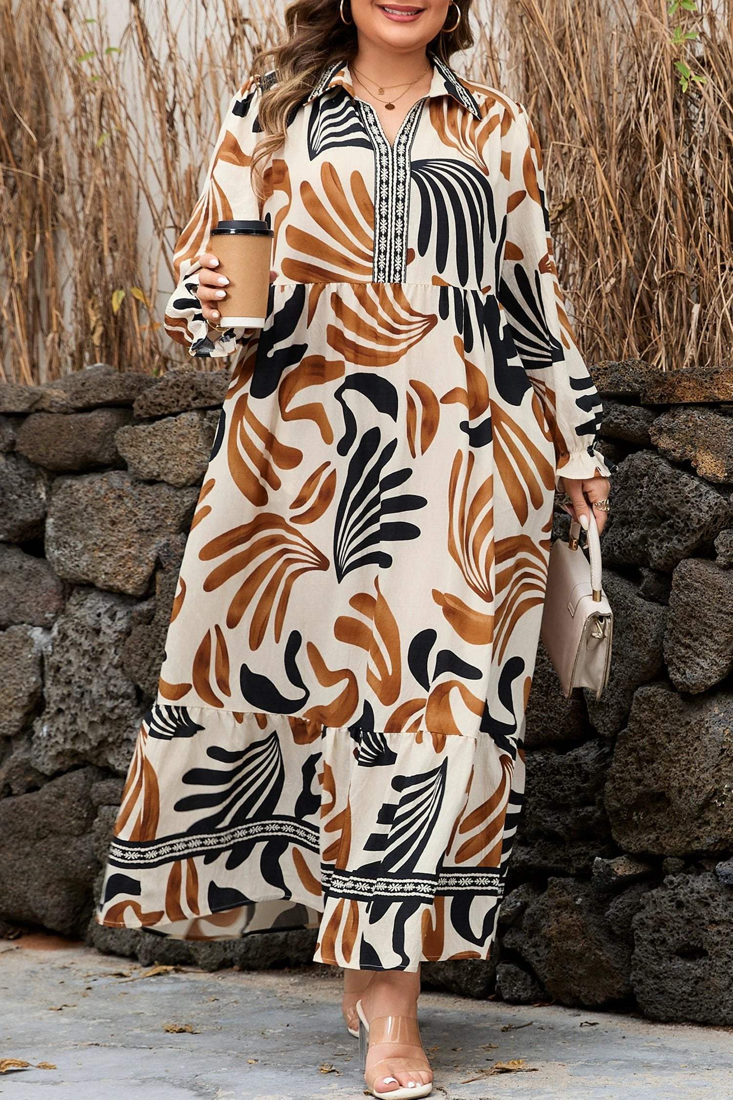 Plus size abstract print long boho shift dress with contrast collar and tiered hem
