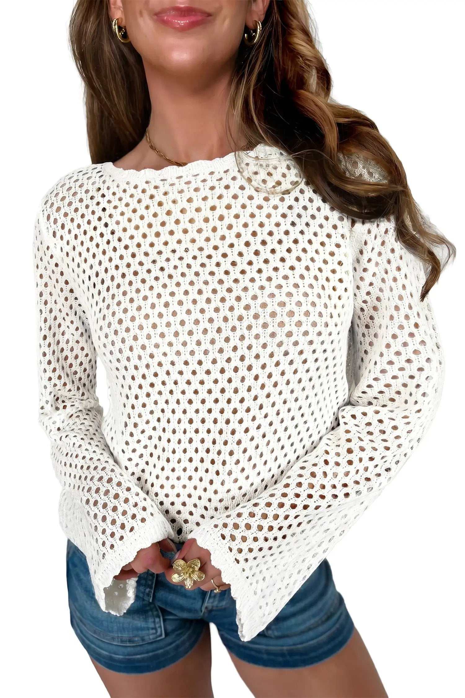 Hollow Out Knit Top with scalloped trim and long sleeves