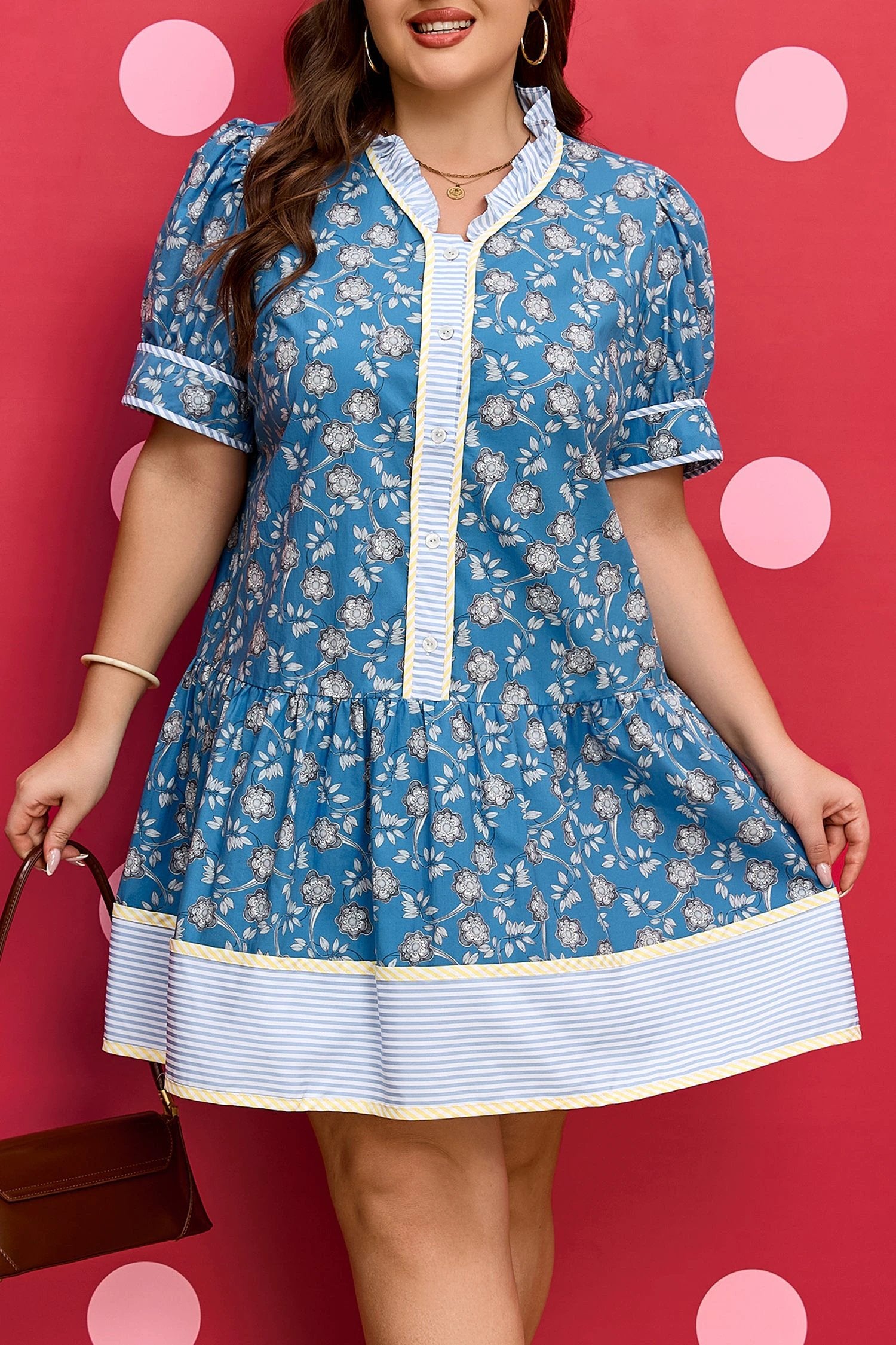 Dear-Lover Dropshipping Blue Plus Size Floral Print Striped Patchwork Detail Button Front Ruffle Hem Dress - Plus Size/Plus Size Dresses/Plus Size Mini Dresses