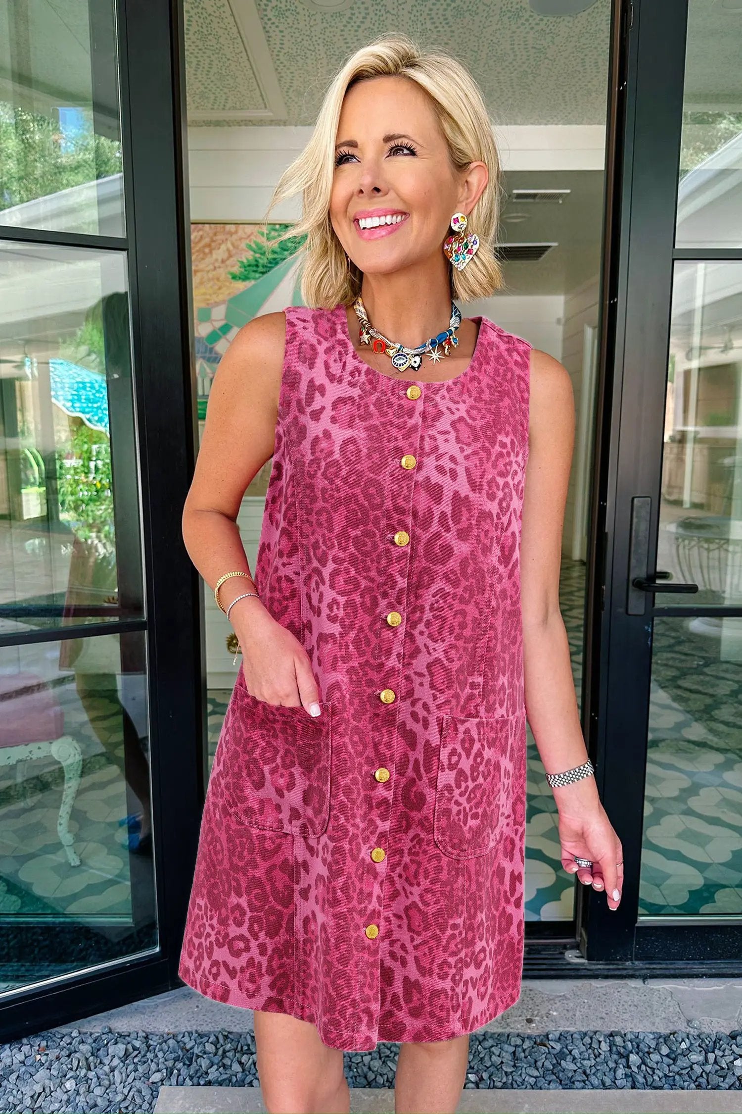 Dear-Lover Dropshipping Pink Leopard Denim Buttoned Shift Sleeveless Dress - Dresses/Mini Dresses