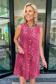 Dear-Lover Dropshipping Pink Leopard Denim Buttoned Shift Sleeveless Dress - Dresses/Mini Dresses