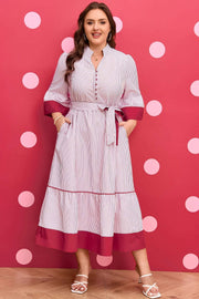 Plus size red stripe midi dress with ruffled hem and puff sleeves