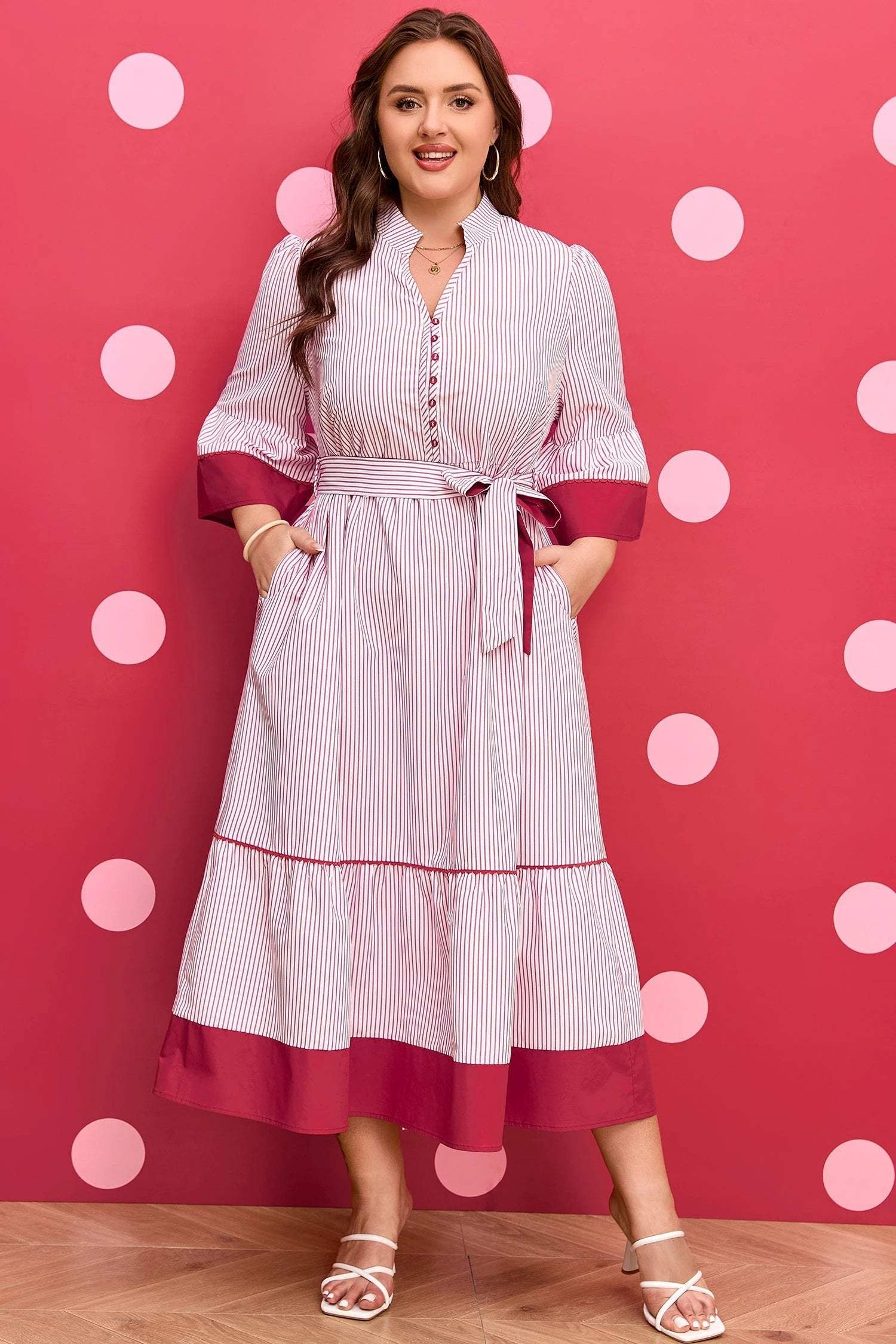 Plus size red stripe midi dress with ruffled hem and puff sleeves