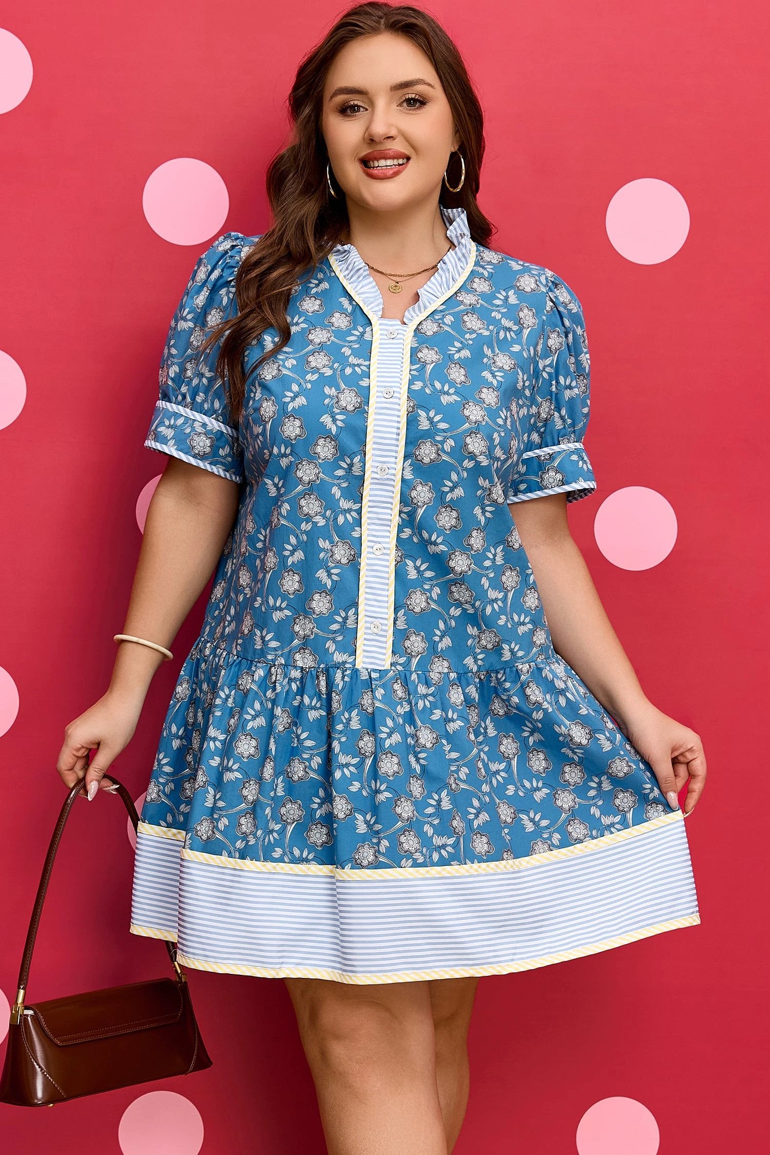 Dear-Lover Dropshipping Blue Plus Size Floral Print Striped Patchwork Detail Button Front Ruffle Hem Dress - Plus Size/Plus Size Dresses/Plus Size Mini Dresses