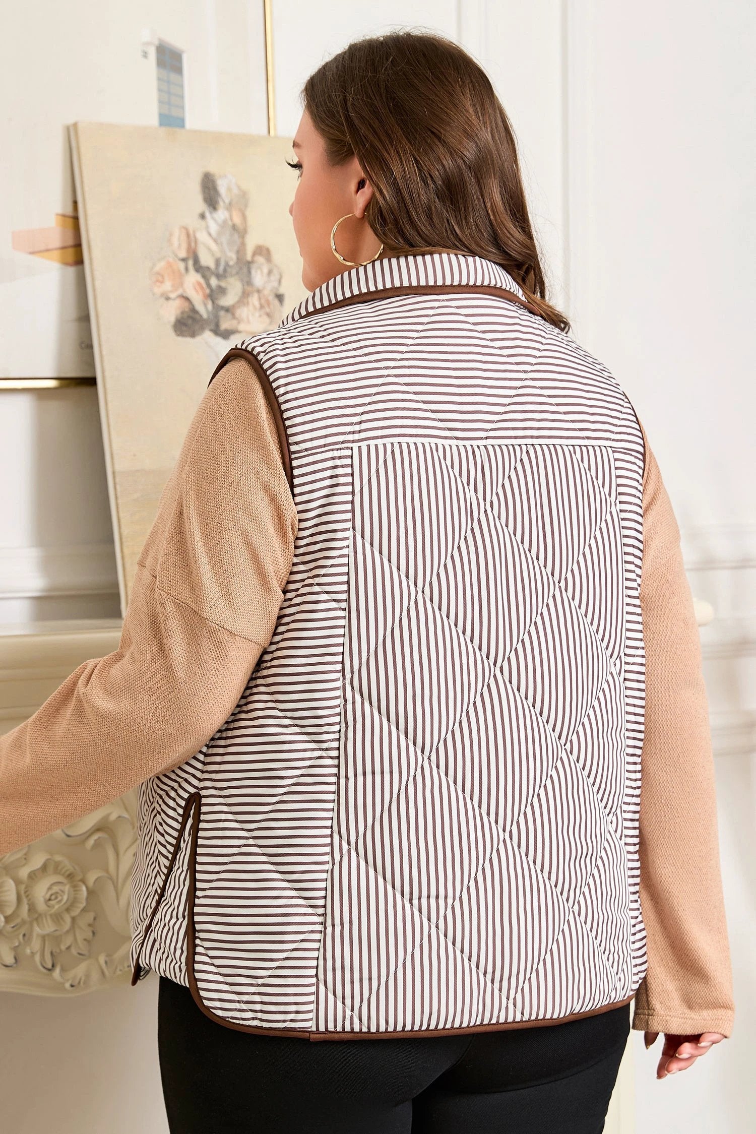 brown stripe quilted wavy hem snap button plus size vest for women casual everyday outfit