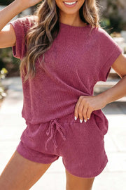Soft pink twisted ribbed two-piece set with loose tee and shorts for casual mom style