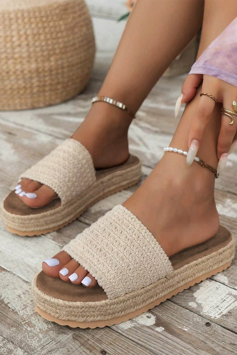 white boho woven non-slip wedge slippers for women casual everyday outfit