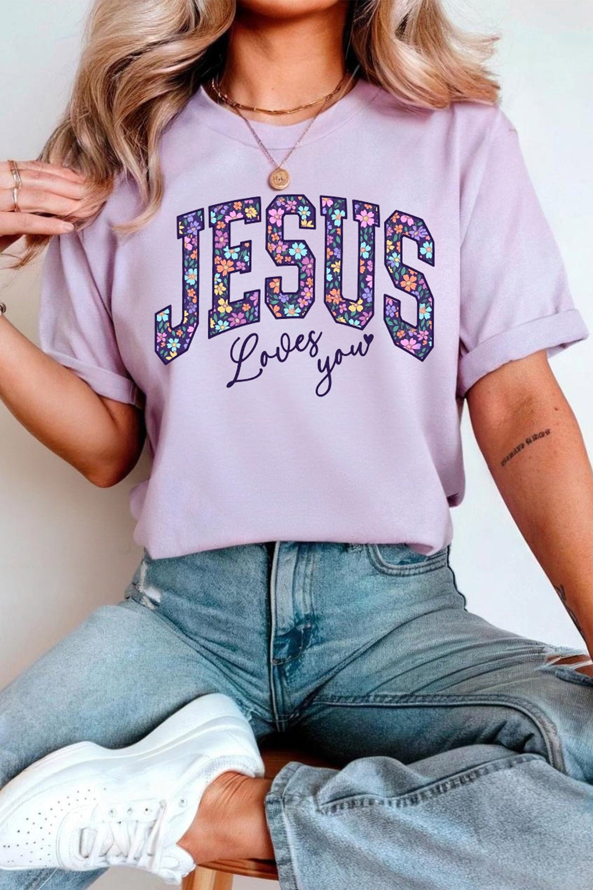 Christian Floral Letter Graphic Round Neck T-Shirt