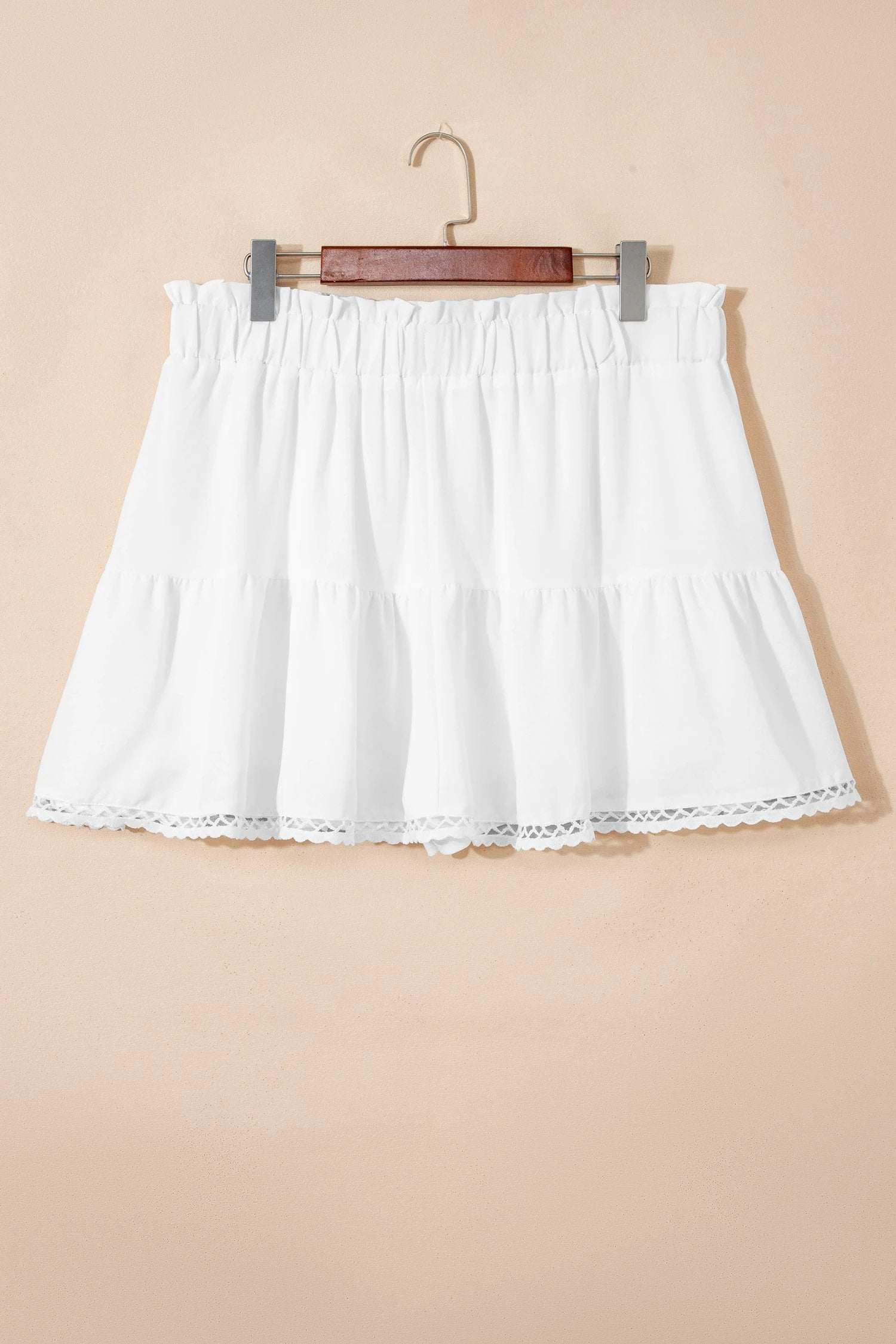 white plus size frilled elastic waist lace trim boho ruffled shorts for women casual everyday outfit