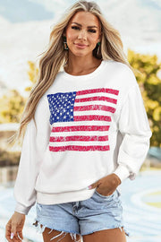 Oversized white sweatshirt with distressed American flag graphic and drop-shoulder design