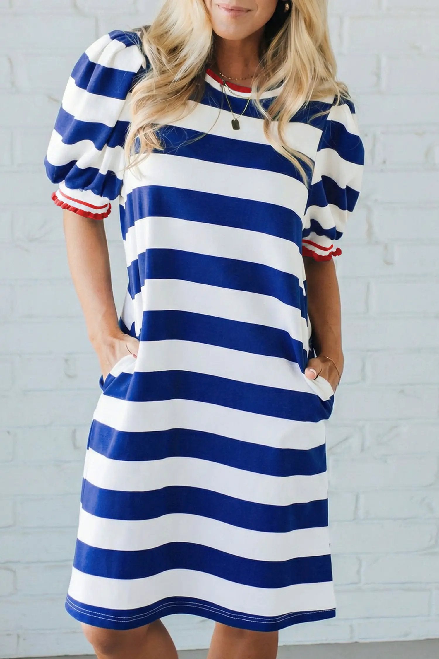 Dear-Lover Dropshipping Blue Stripe Contrast Trim Round Neck Short Puff Sleeve Shift Mini Dress - Dresses/Mini Dresses