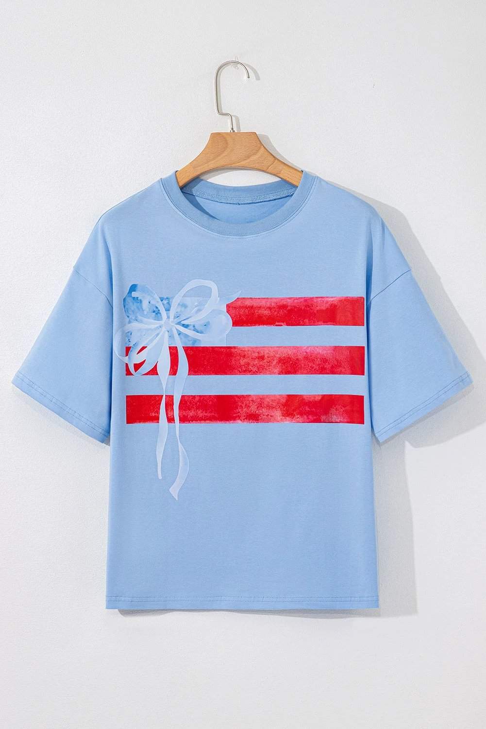 denim flag bow graphic crewneck tee for women casual everyday outfit