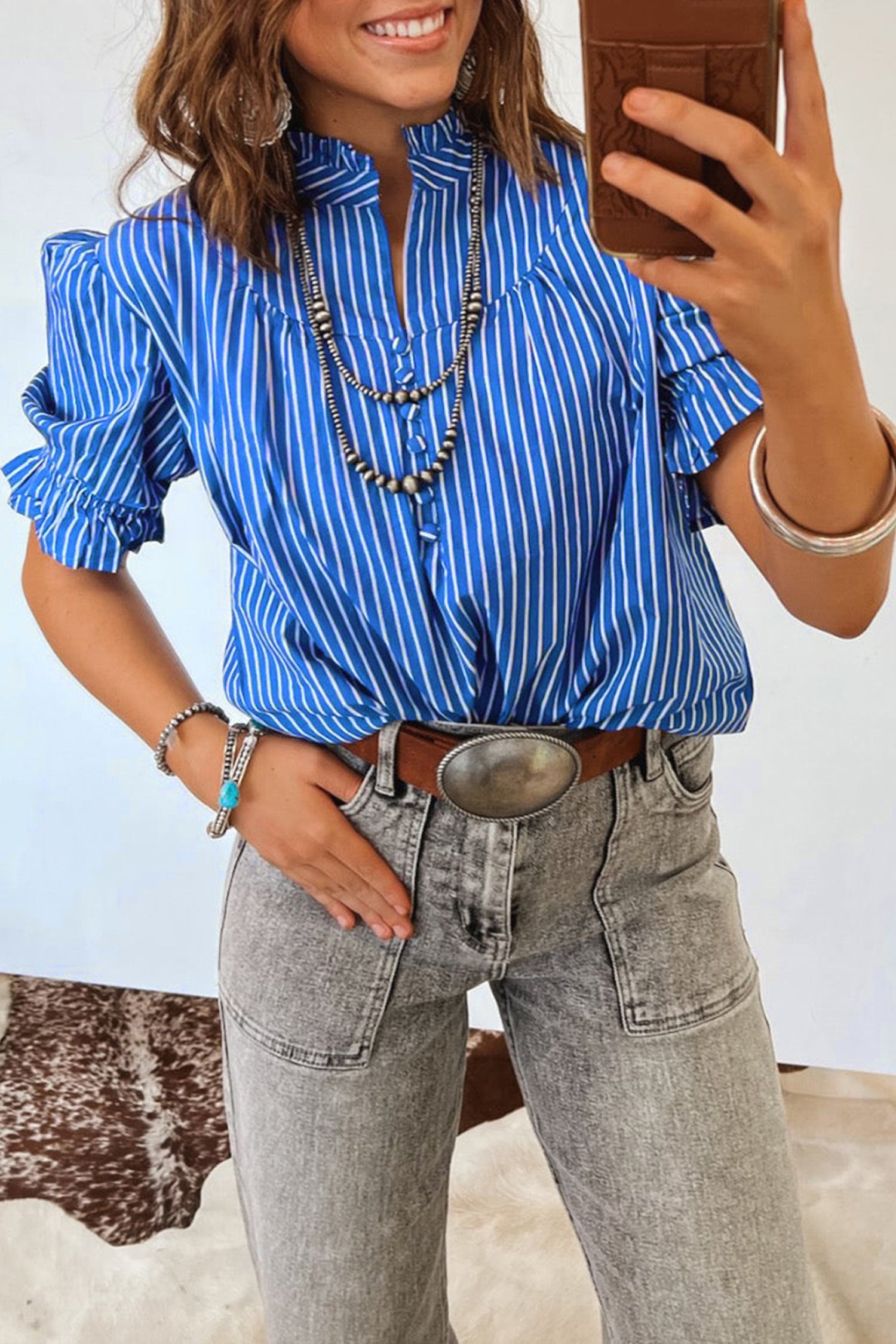 Stripe Button Front Blouse with Ruffles and Puff Sleeves