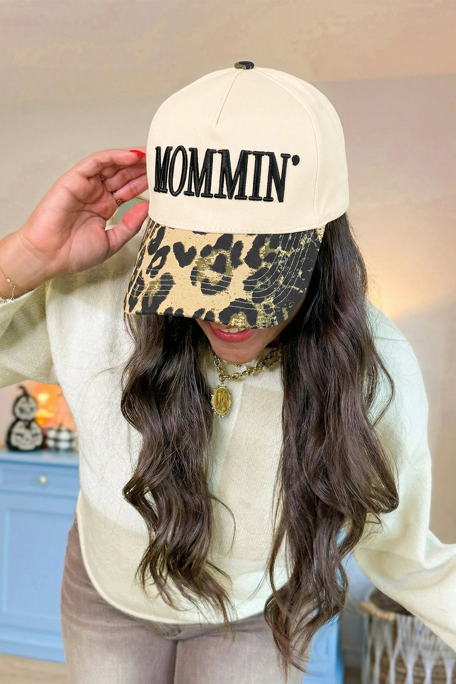 black mommin embroidered leopard contrast brim baseball cap for women casual everyday outfit