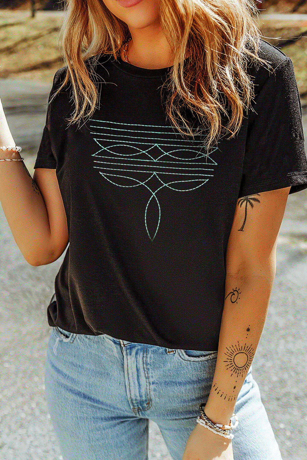 black western fashion geometric embroidered t shirt for women casual everyday outfit