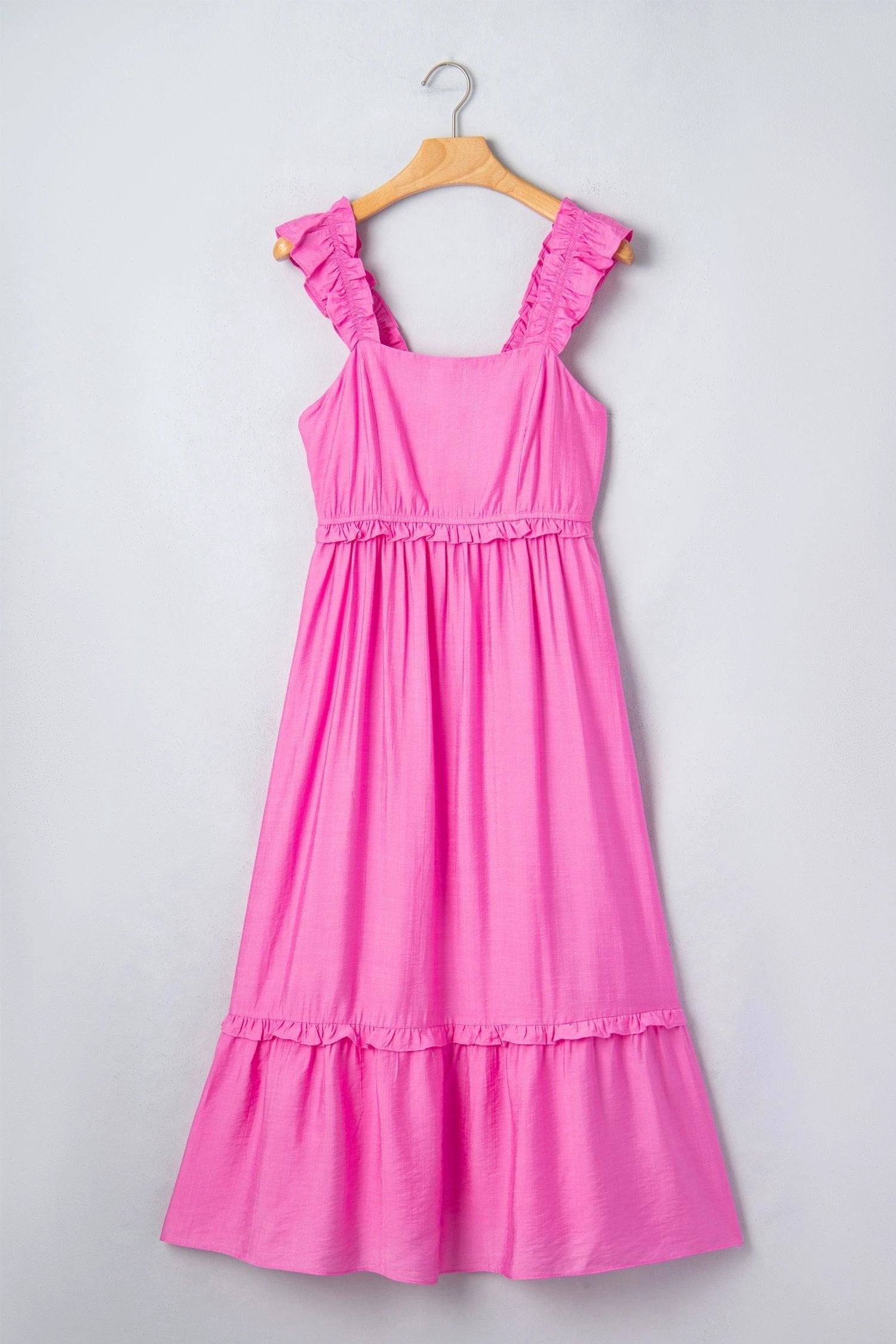 Pink ruffle trim high-waist sleeveless maxi dress from Southern Charm Bonbon Solid Color collection