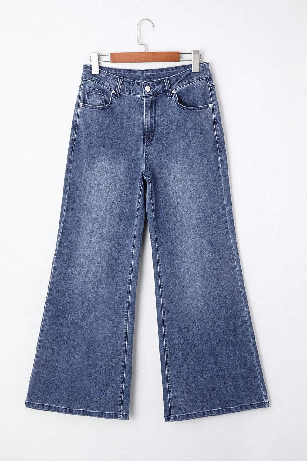 High-waist button-fly wide-leg denim jeans for busy moms styled in classic blue wash Mom Chic design