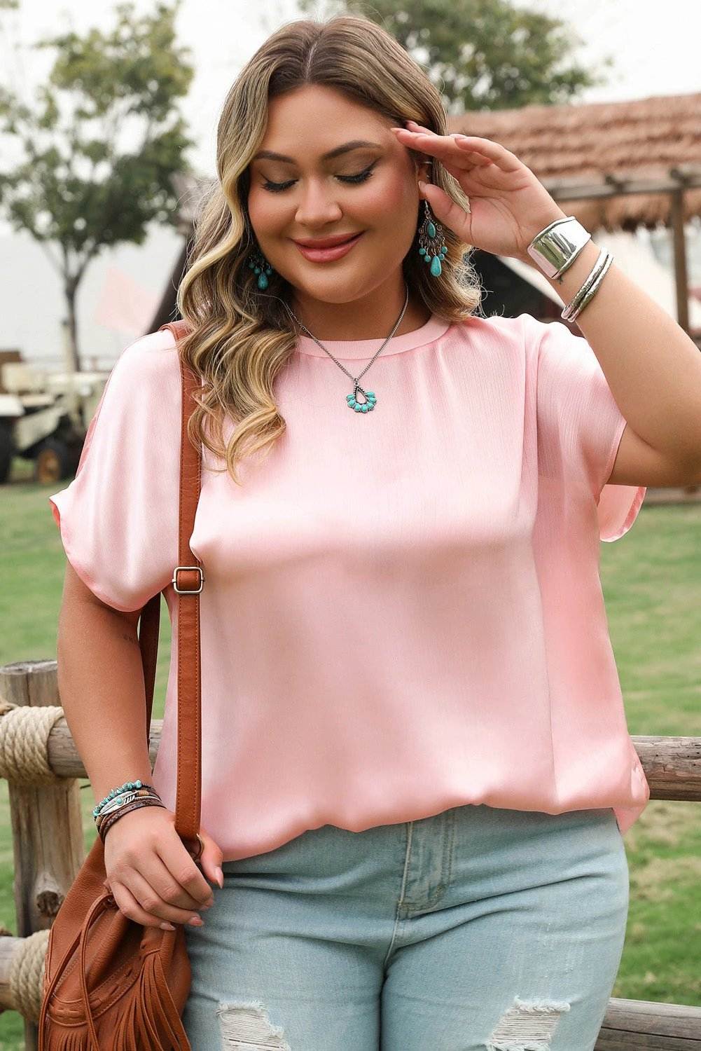 Plus size Effortless Shine metallic gloss satin top with batwing sleeves and relaxed fit