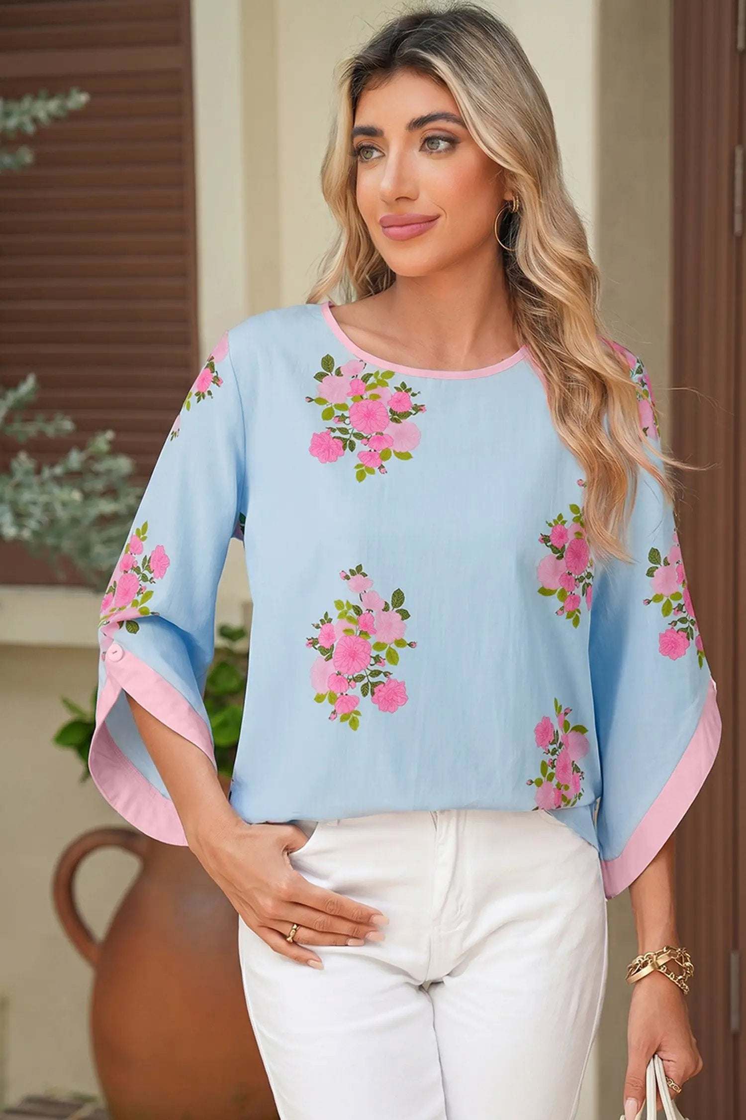 J&H Apparel Sky Blue Floral Print Button Cuffed 3/4 Sleeve Round Neck Blouse - Blouses Tops/Blouses & Shirts